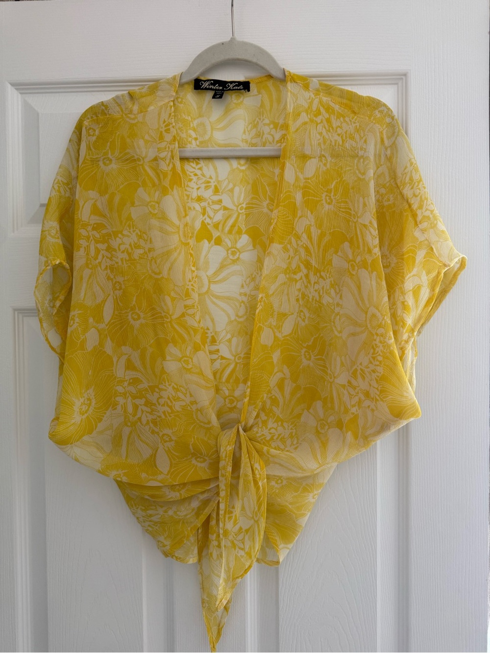 Winter Kate Yellow Floral Sheer Beach Cover Up Tunic Tie Front Size S
